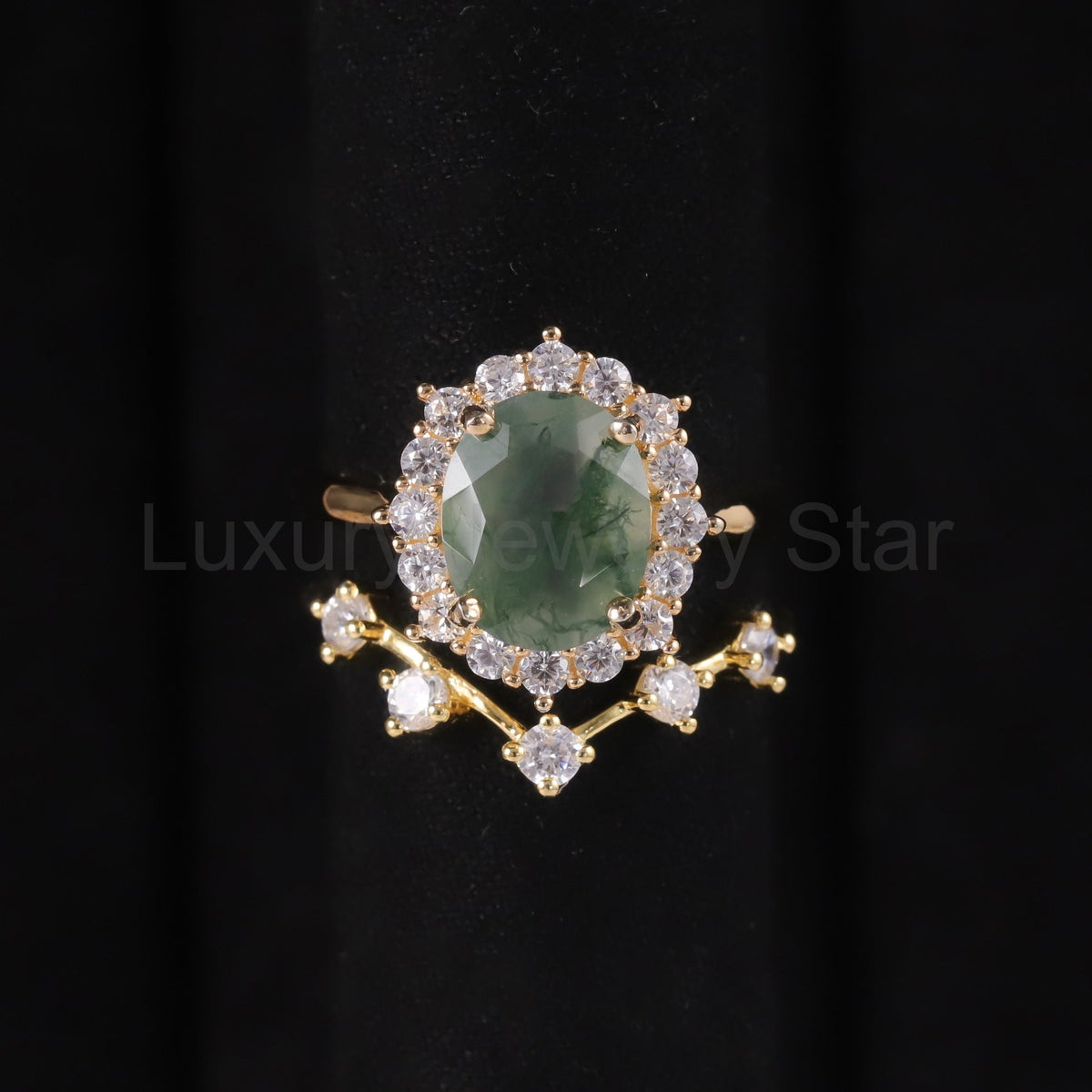 Halo Oval Cut Moss Agate Vintage Engagement Ring Set 2pcs - image 4