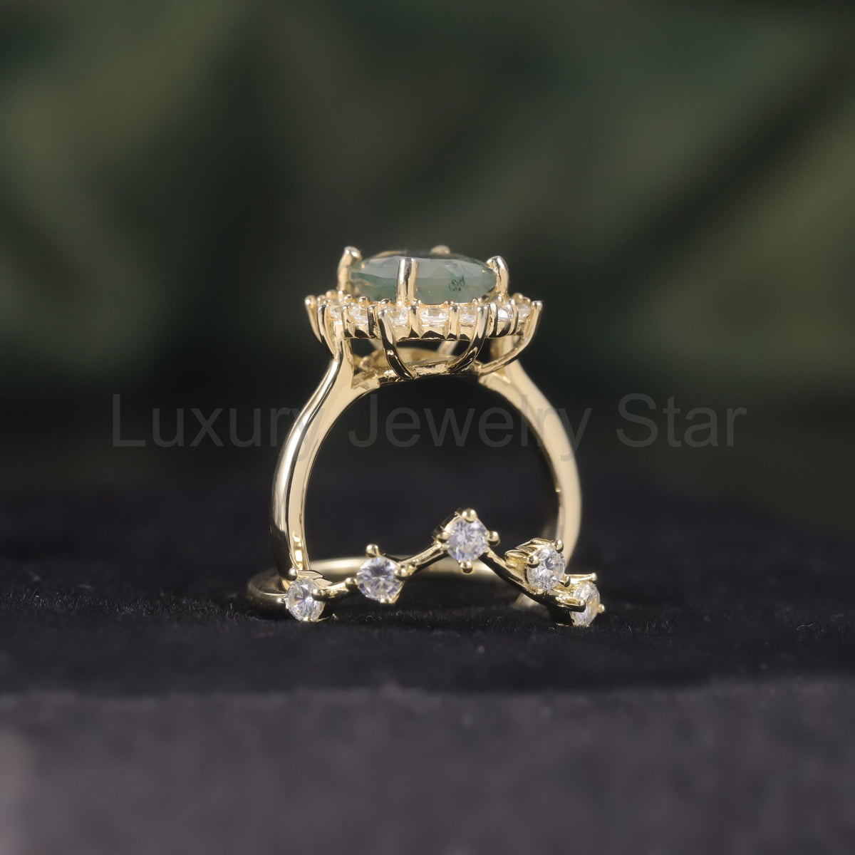 Halo Oval Cut Moss Agate Vintage Engagement Ring Set 2pcs - image 5
