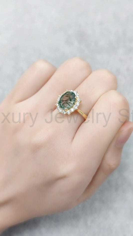 Halo Oval Moss Agate Vintage Engagement Ring - image 2