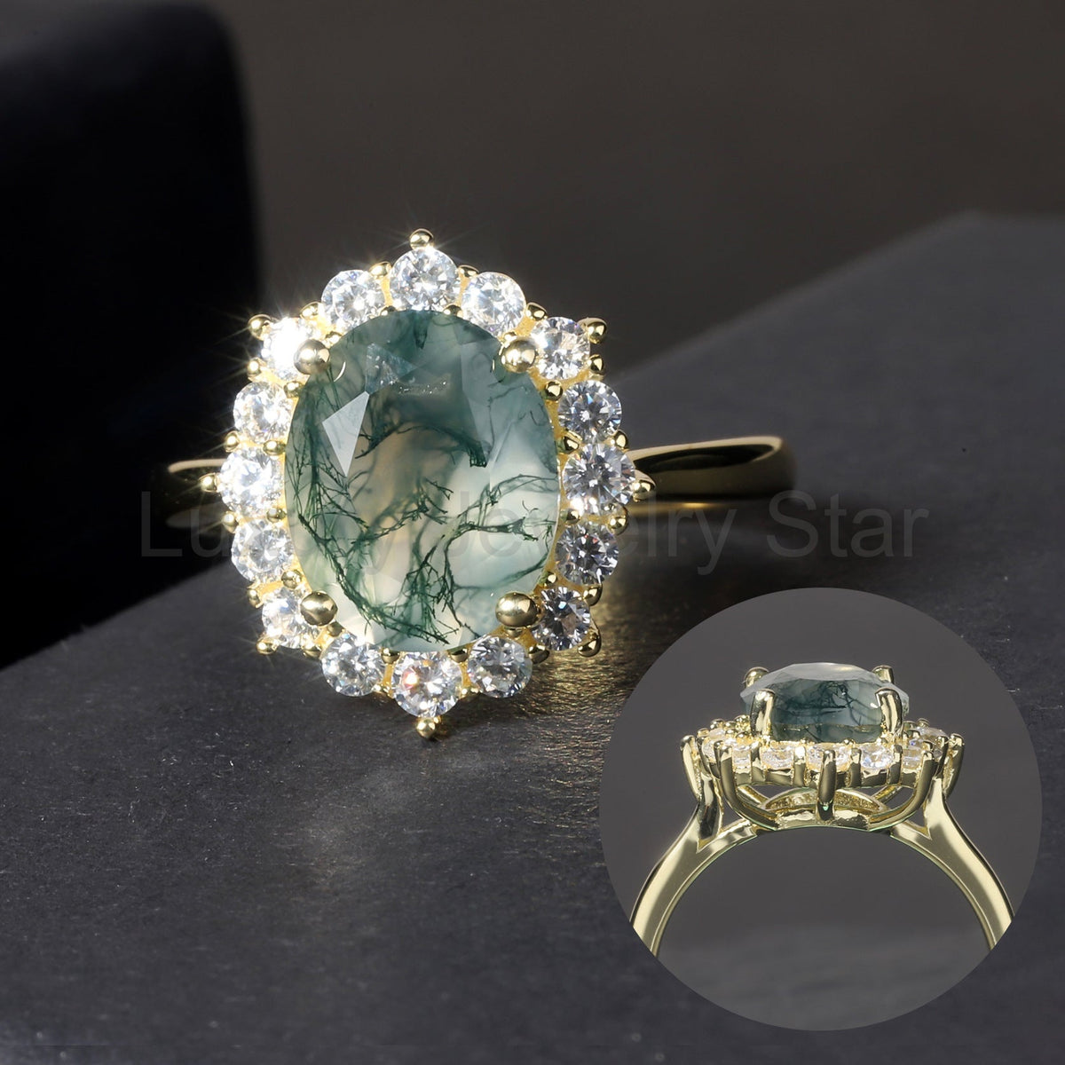 Halo Oval Moss Agate Vintage Engagement Ring - image 3