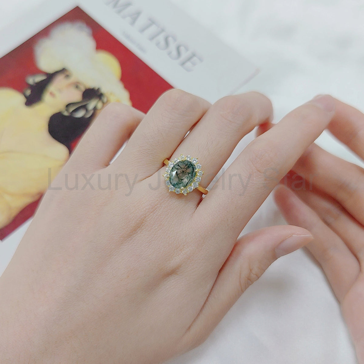 Halo Oval Moss Agate Vintage Engagement Ring - image 4