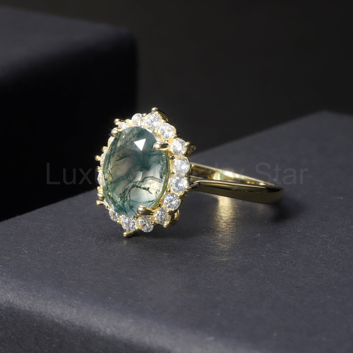 Halo Oval Moss Agate Vintage Engagement Ring - image 5