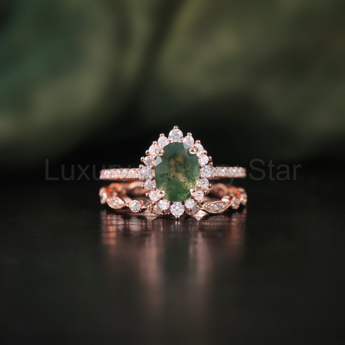 Halo Oval Moss Agate Vintage Engagement Ring Set 2pcs