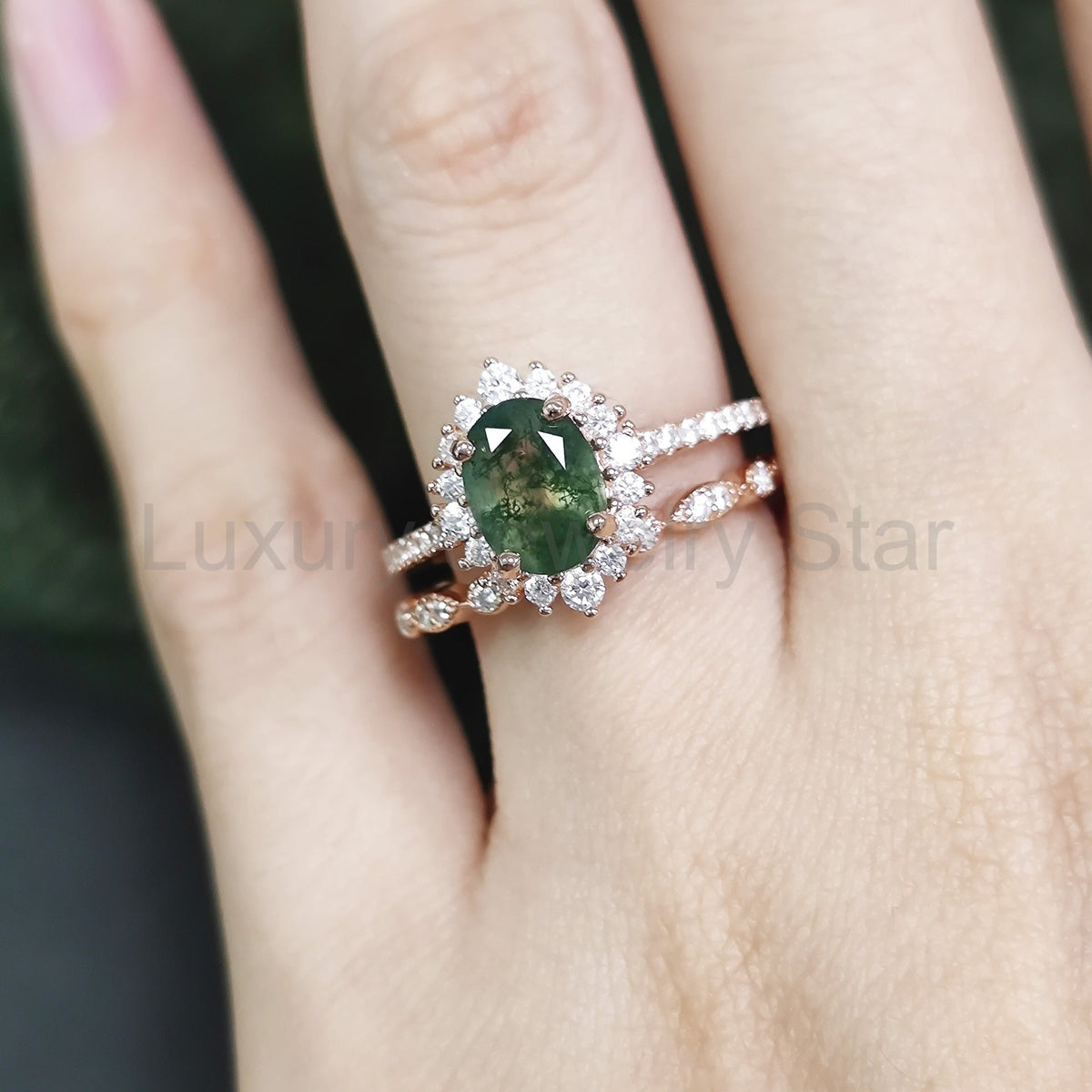 Halo Oval Moss Agate Vintage Engagement Ring Set 2pcs - image 2