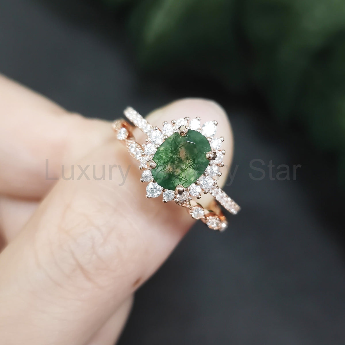 Halo Oval Moss Agate Vintage Engagement Ring Set 2pcs - image 3