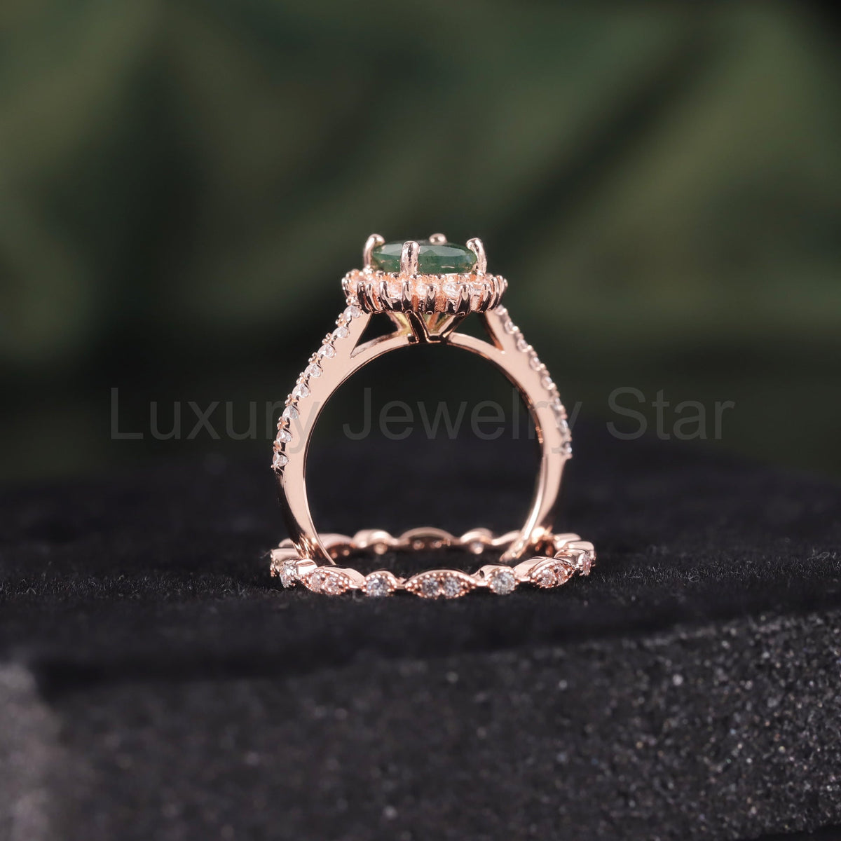 Halo Oval Moss Agate Vintage Engagement Ring Set 2pcs - image 4