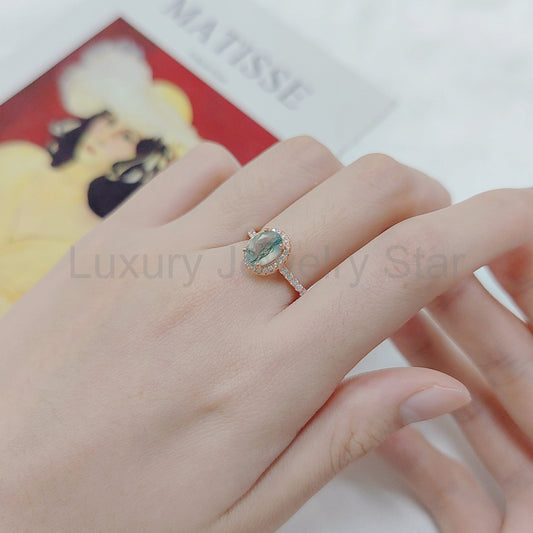 Halo Oval Vintage Moss Agate Engagement Ring - image 2