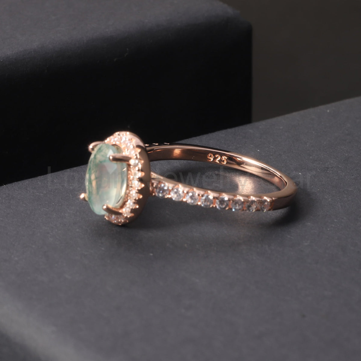 Halo Oval Vintage Moss Agate Engagement Ring - image 3