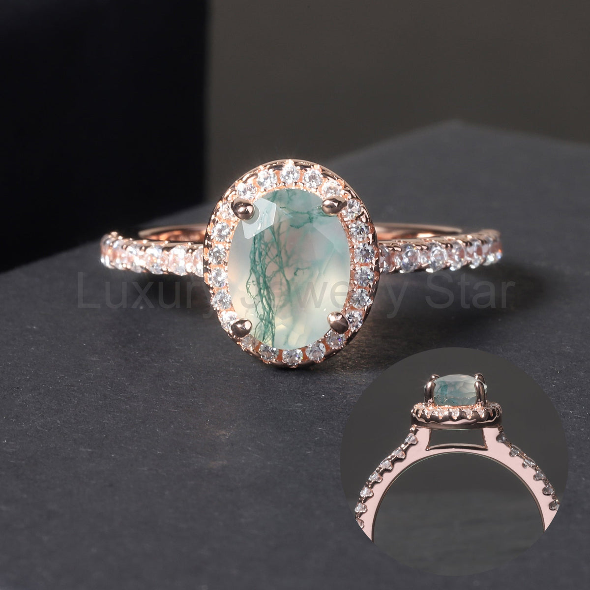 Halo Oval Vintage Moss Agate Engagement Ring - image 4
