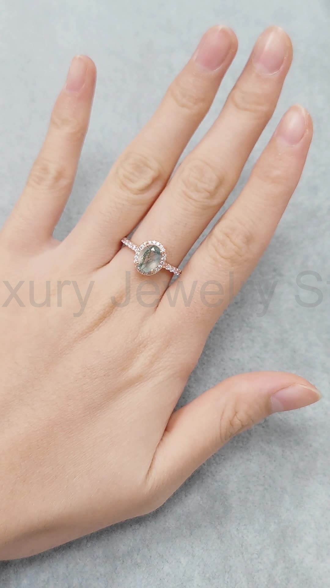 Halo Oval Vintage Moss Agate Engagement Ring - image 5