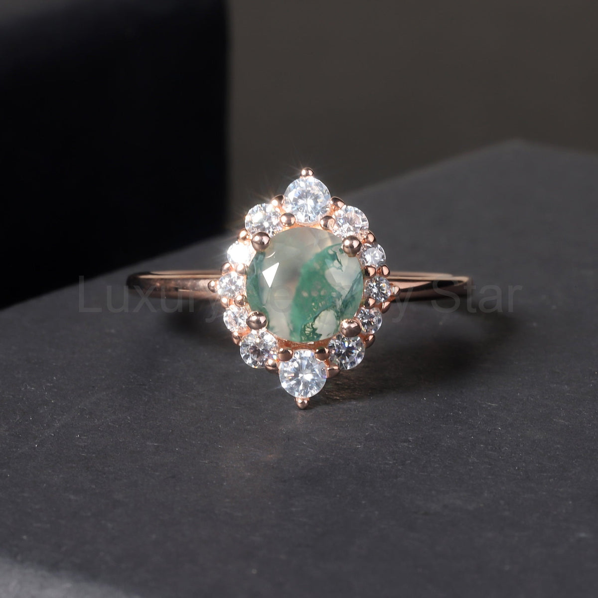Halo Round Vintage Moss Agate Engagement Ring