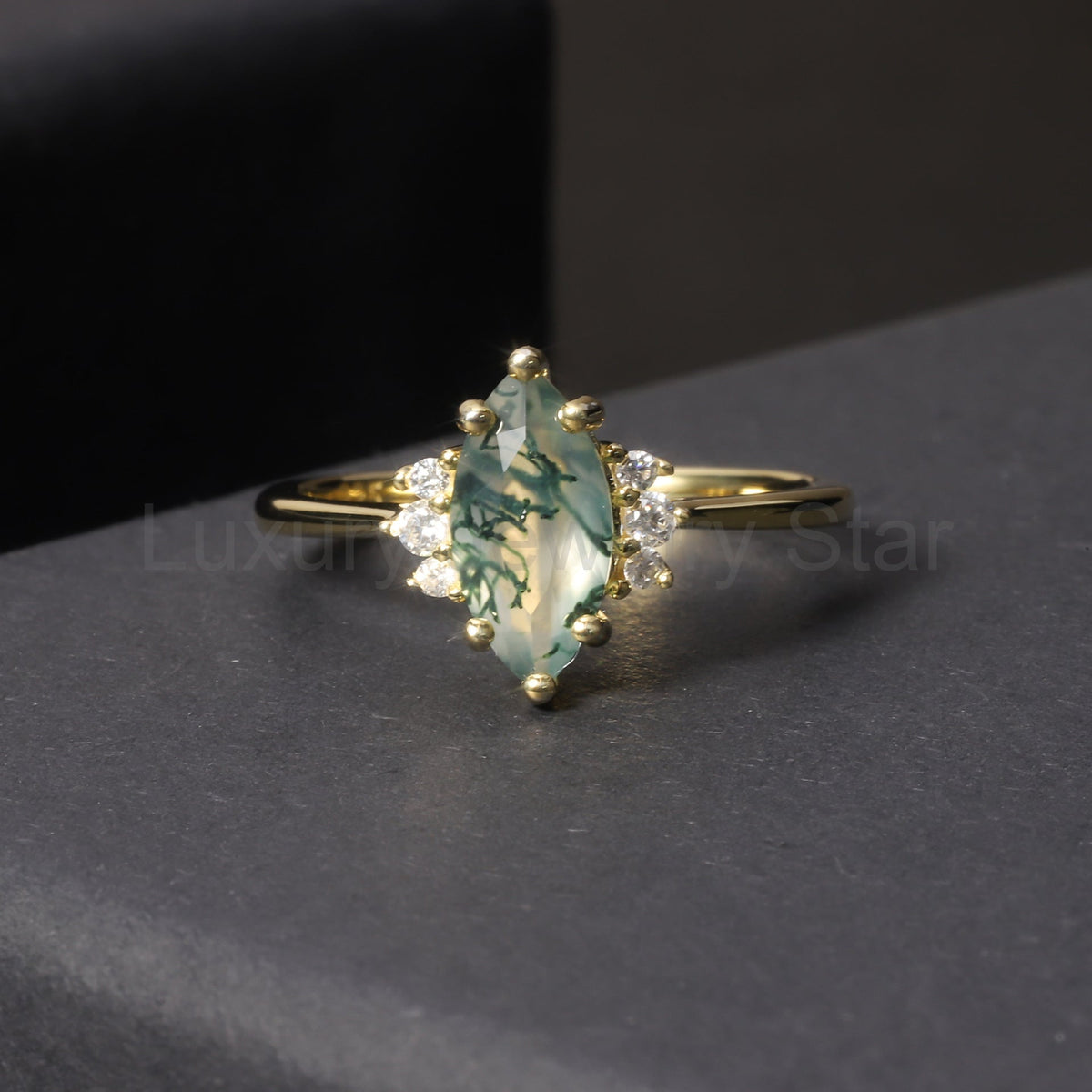 Marquise Cut Moss Agate Cluster Vintage Ring