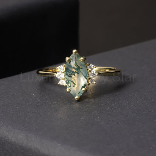 Marquise Cut Moss Agate Cluster Vintage Ring