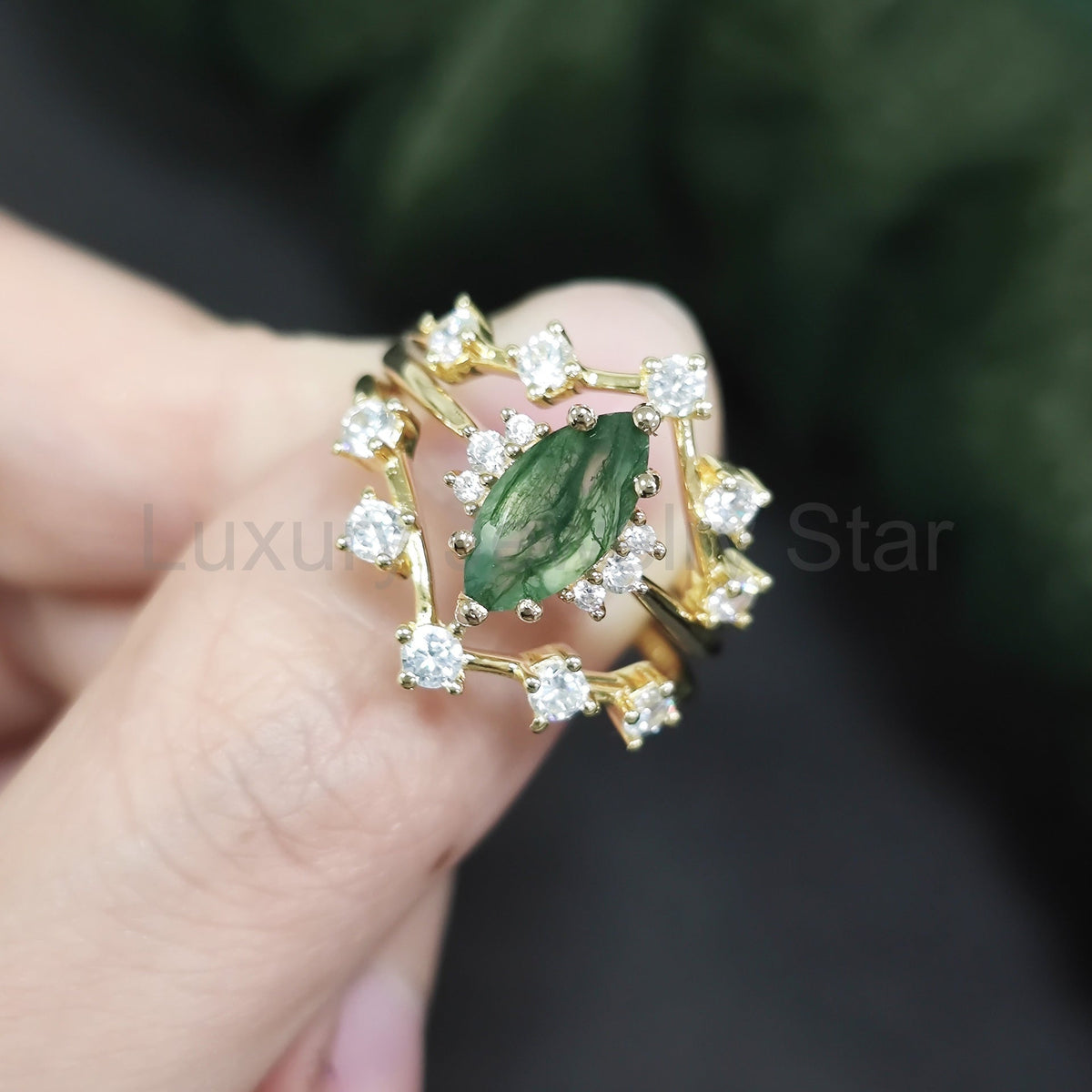 Marquise Cut Moss Agate Engagement Ring Set 3pcs - image 2