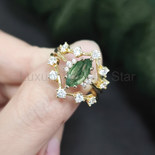 Marquise Cut Moss Agate Engagement Ring Set 3pcs - image 2