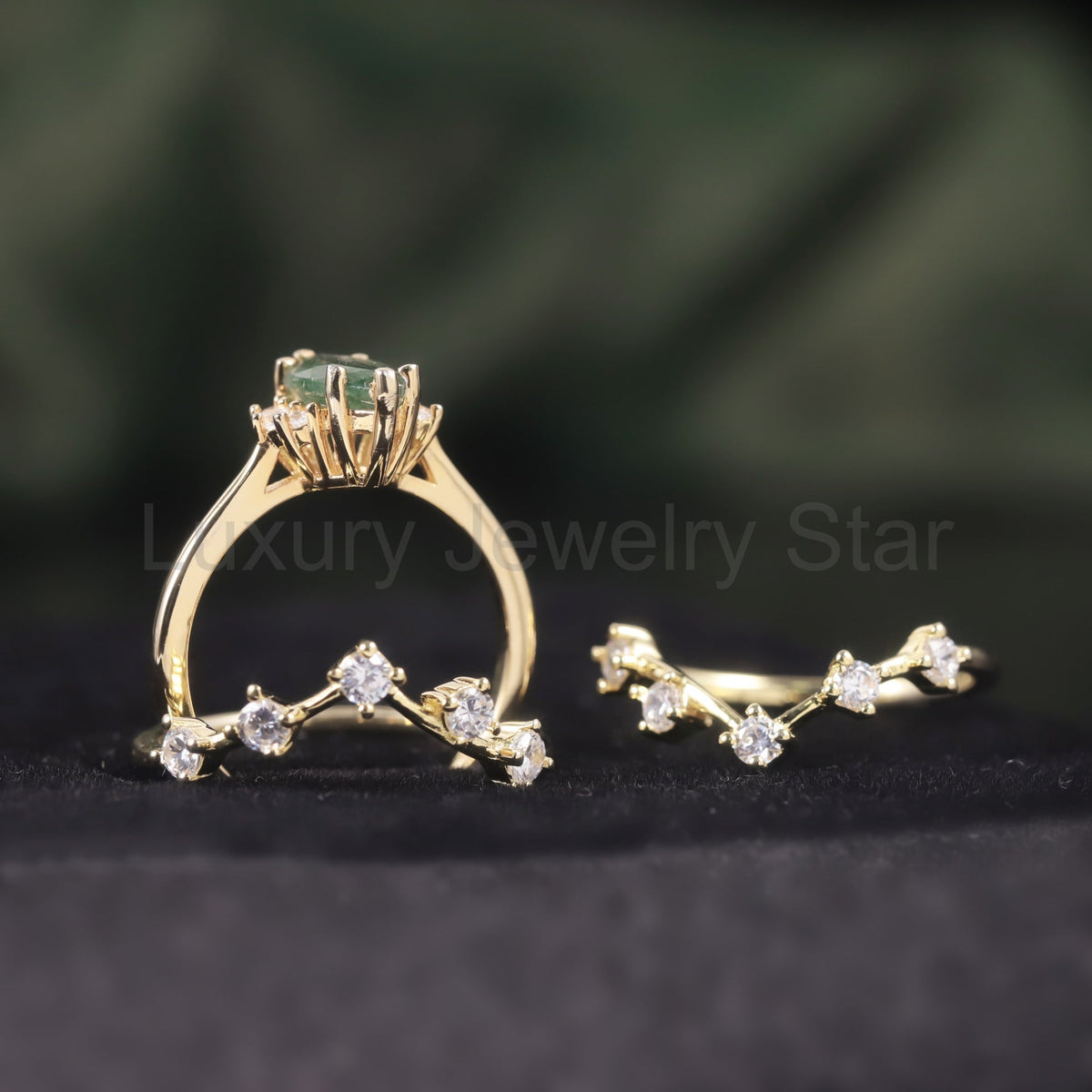 Marquise Cut Moss Agate Engagement Ring Set 3pcs - image 3