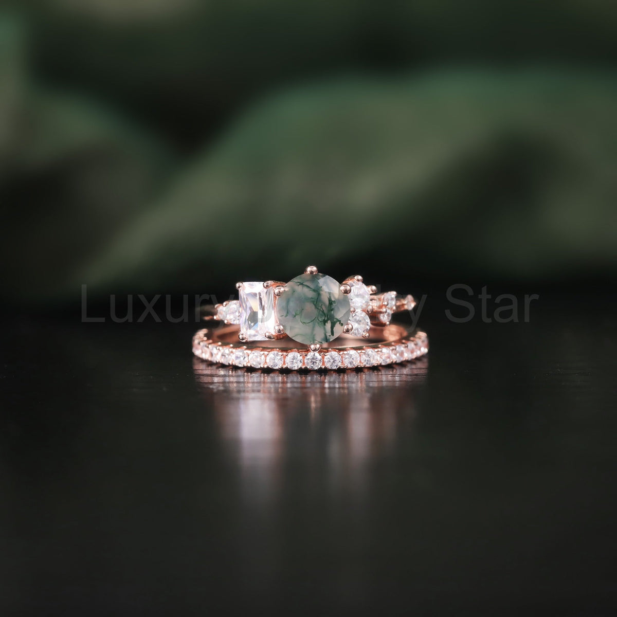 Moss Agate Leafy Vine & Cluster Engagement Ring Set 2pcs