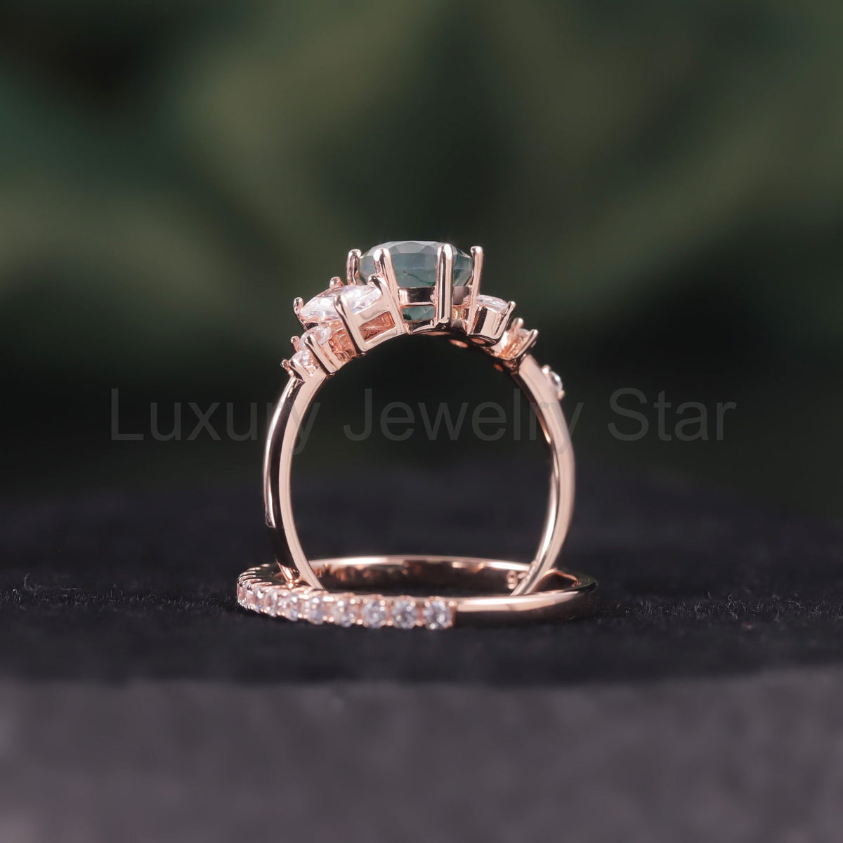 Moss Agate Leafy Vine & Cluster Engagement Ring Set 2pcs - image 2