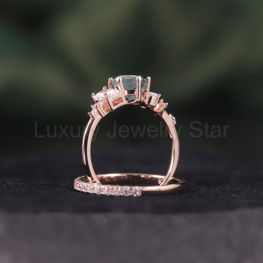 Moss Agate Leafy Vine & Cluster Engagement Ring Set 2pcs - image 2
