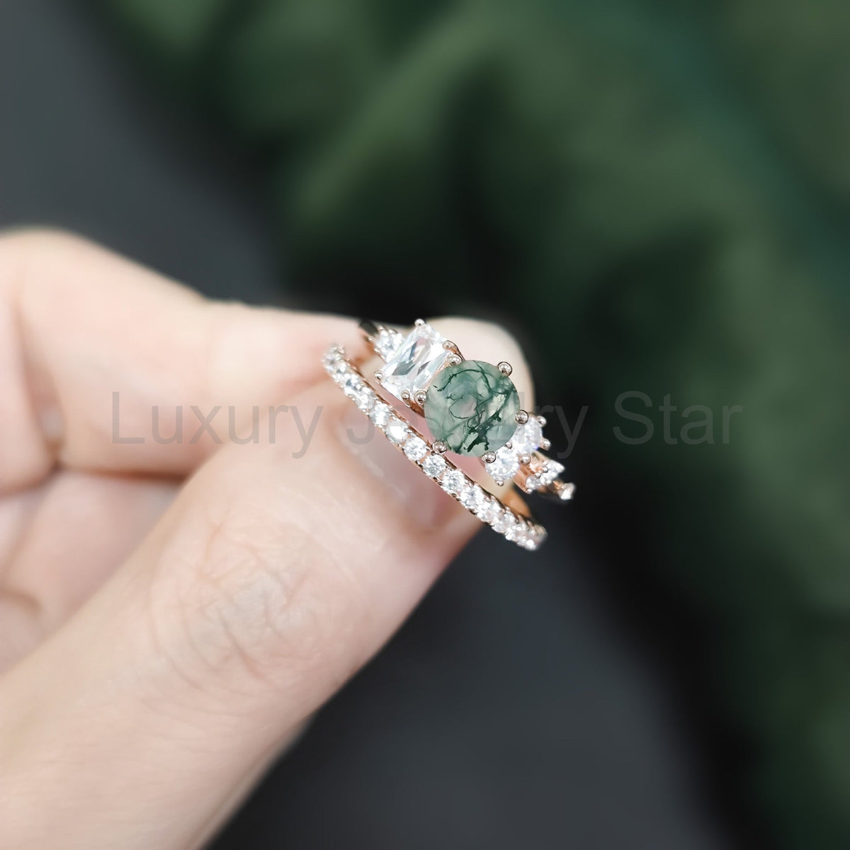 Moss Agate Leafy Vine & Cluster Engagement Ring Set 2pcs - image 3