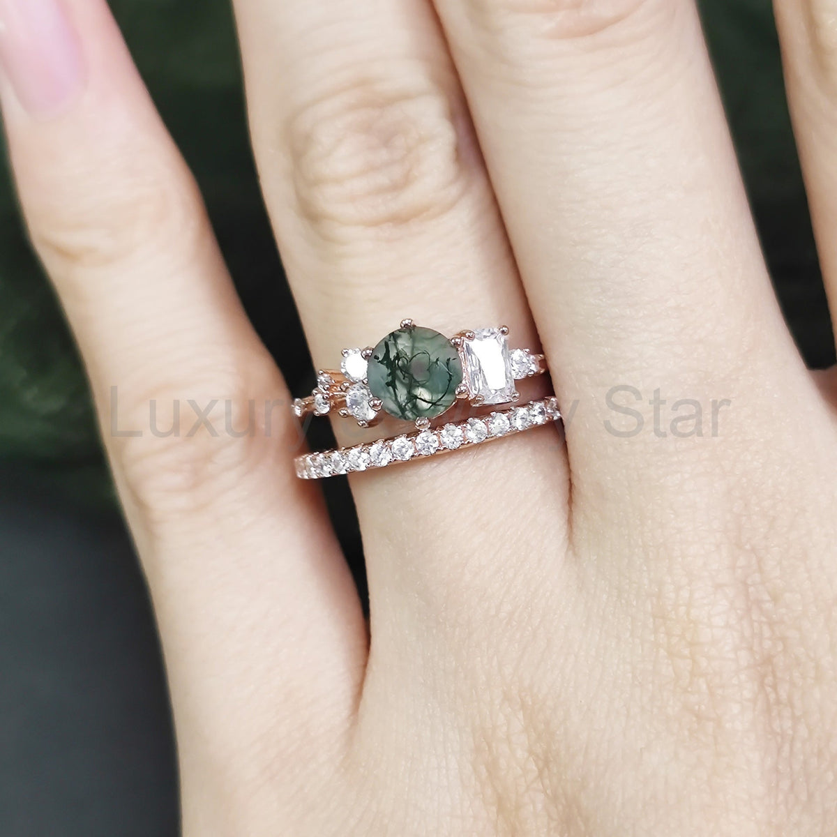 Moss Agate Leafy Vine & Cluster Engagement Ring Set 2pcs - image 4