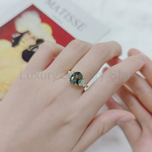 Oval Classic Moss Agate Cluster Engagement Ring - image 2