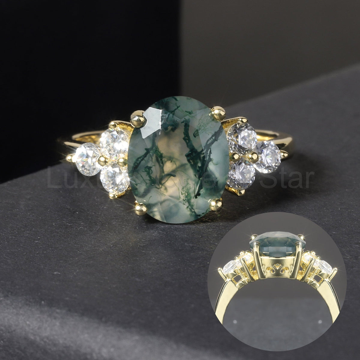Oval Classic Moss Agate Cluster Engagement Ring - image 3