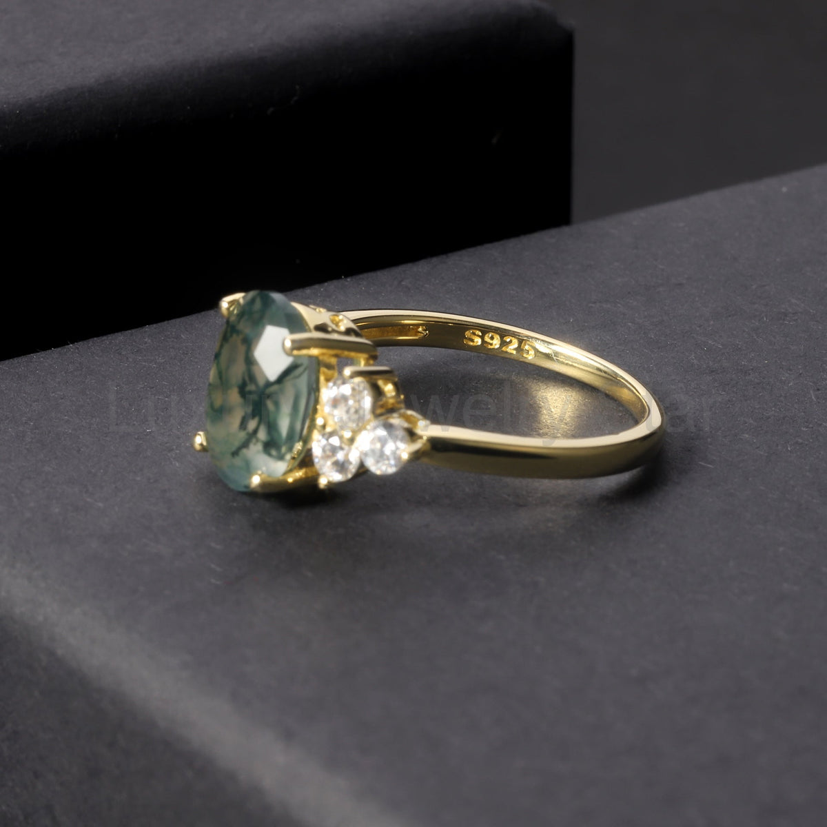 Oval Classic Moss Agate Cluster Engagement Ring - image 4