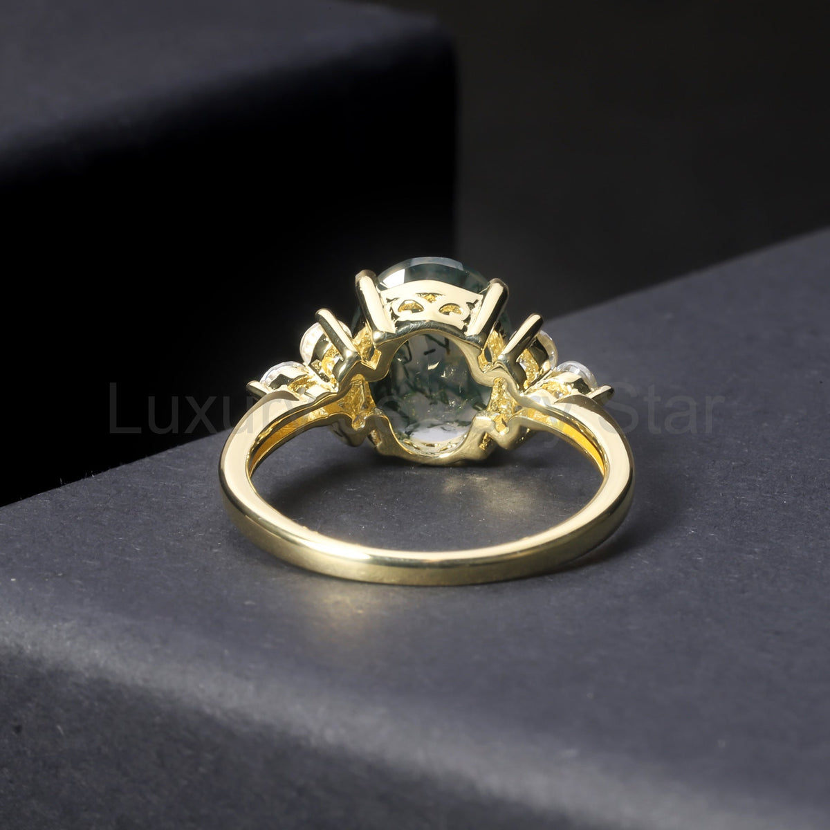 Oval Classic Moss Agate Cluster Engagement Ring - image 5