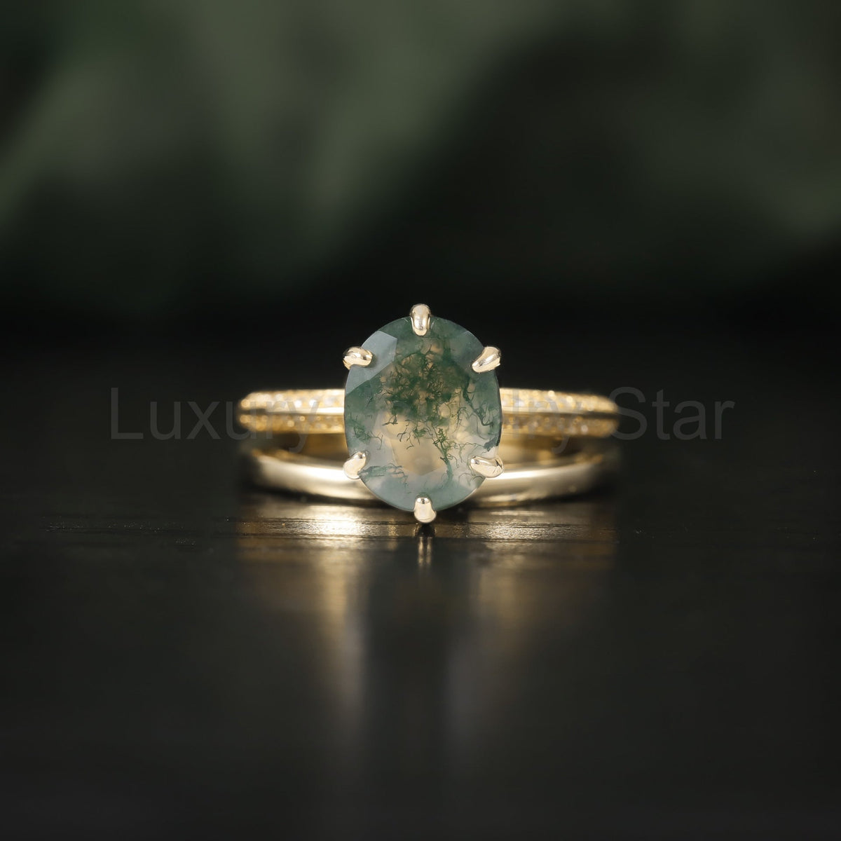 Oval Classic Moss Agate Engagement Ring