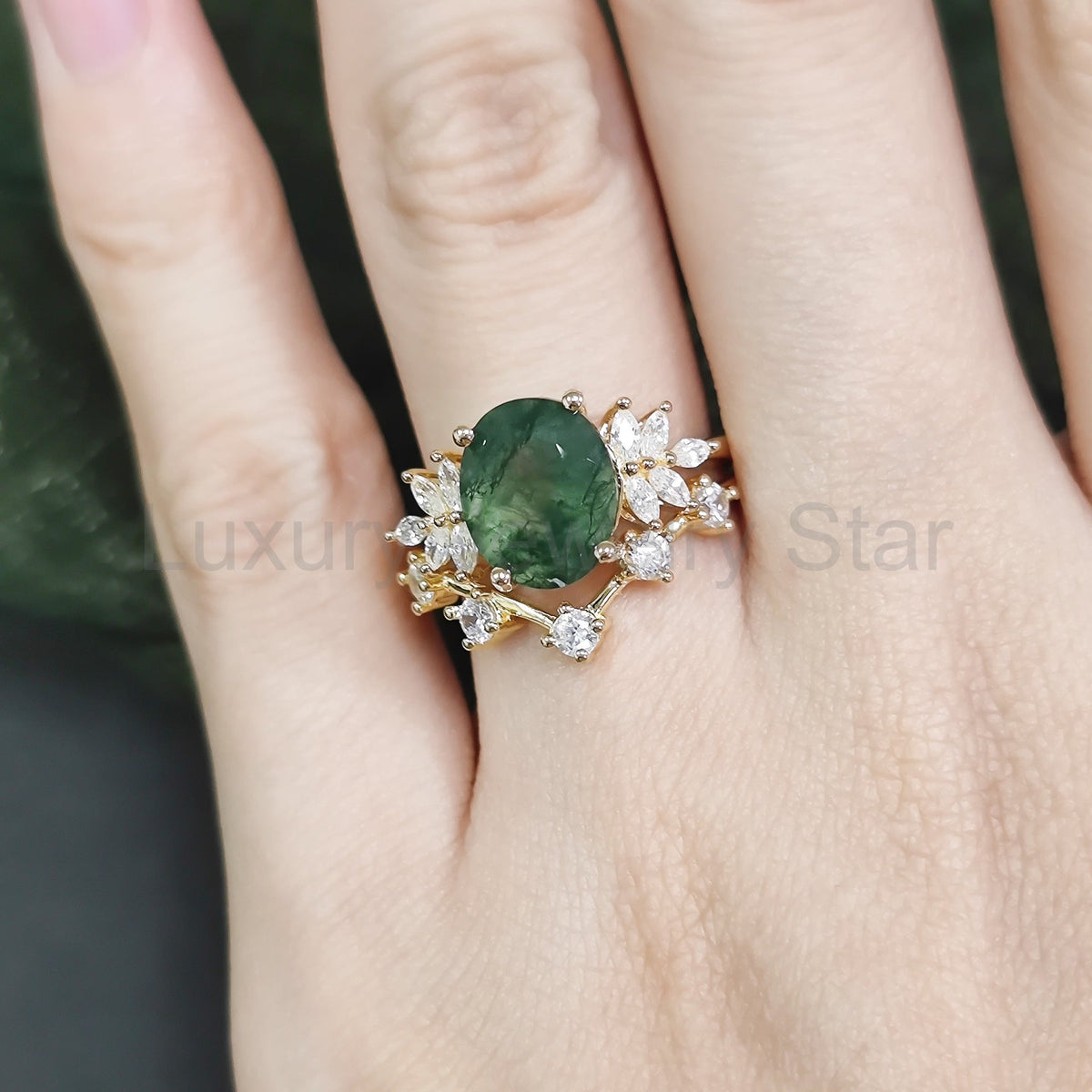 Oval Cluster Moss Agate Engagement Ring Set 2pcs