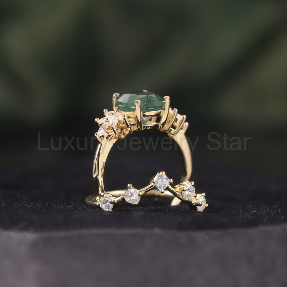 Oval Cluster Moss Agate Engagement Ring Set 2pcs