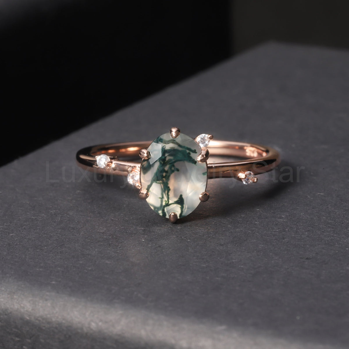Oval Cut Simple Elegant Moss Agate Engagement Ring