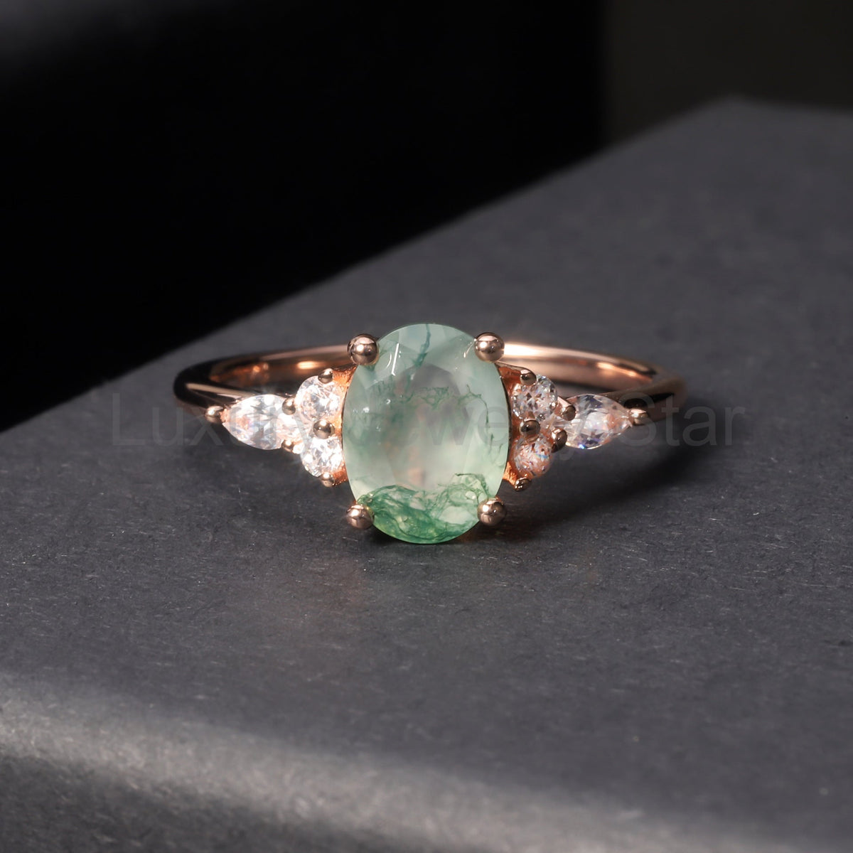 Oval Cut Vintage Cluster Moss Agate Engagement Ring