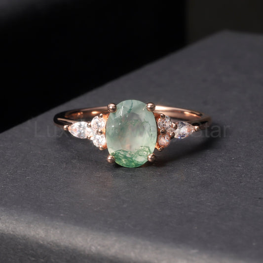 Oval Cut Vintage Cluster Moss Agate Engagement Ring