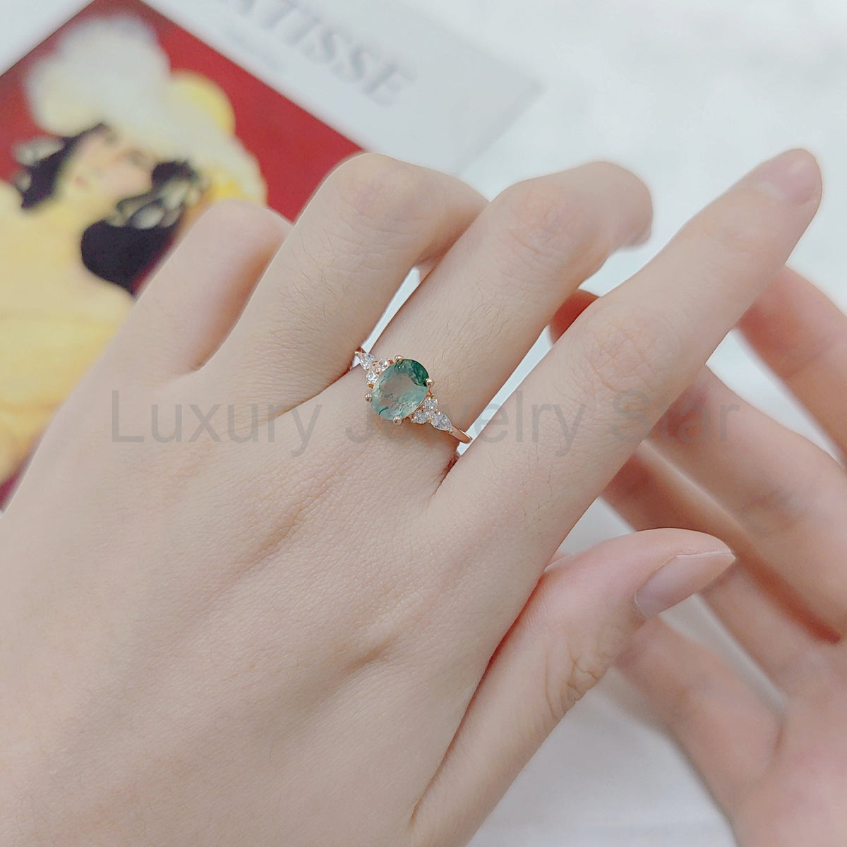 Oval Cut Vintage Cluster Moss Agate Engagement Ring