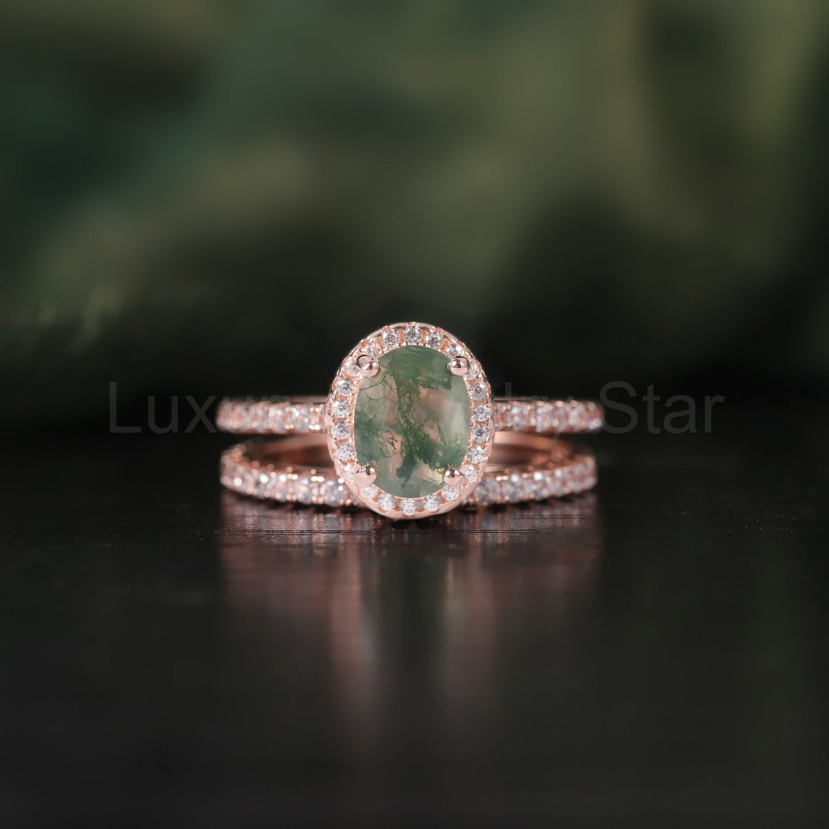 Oval Halo Zircon Pave Moss Agate Classic Engagement Ring Set 2pcs