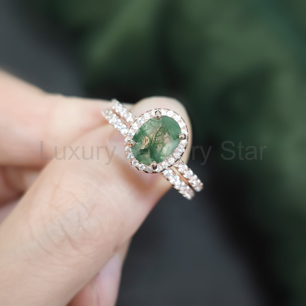 Oval Halo Zircon Pave Moss Agate Classic Engagement Ring Set 2pcs