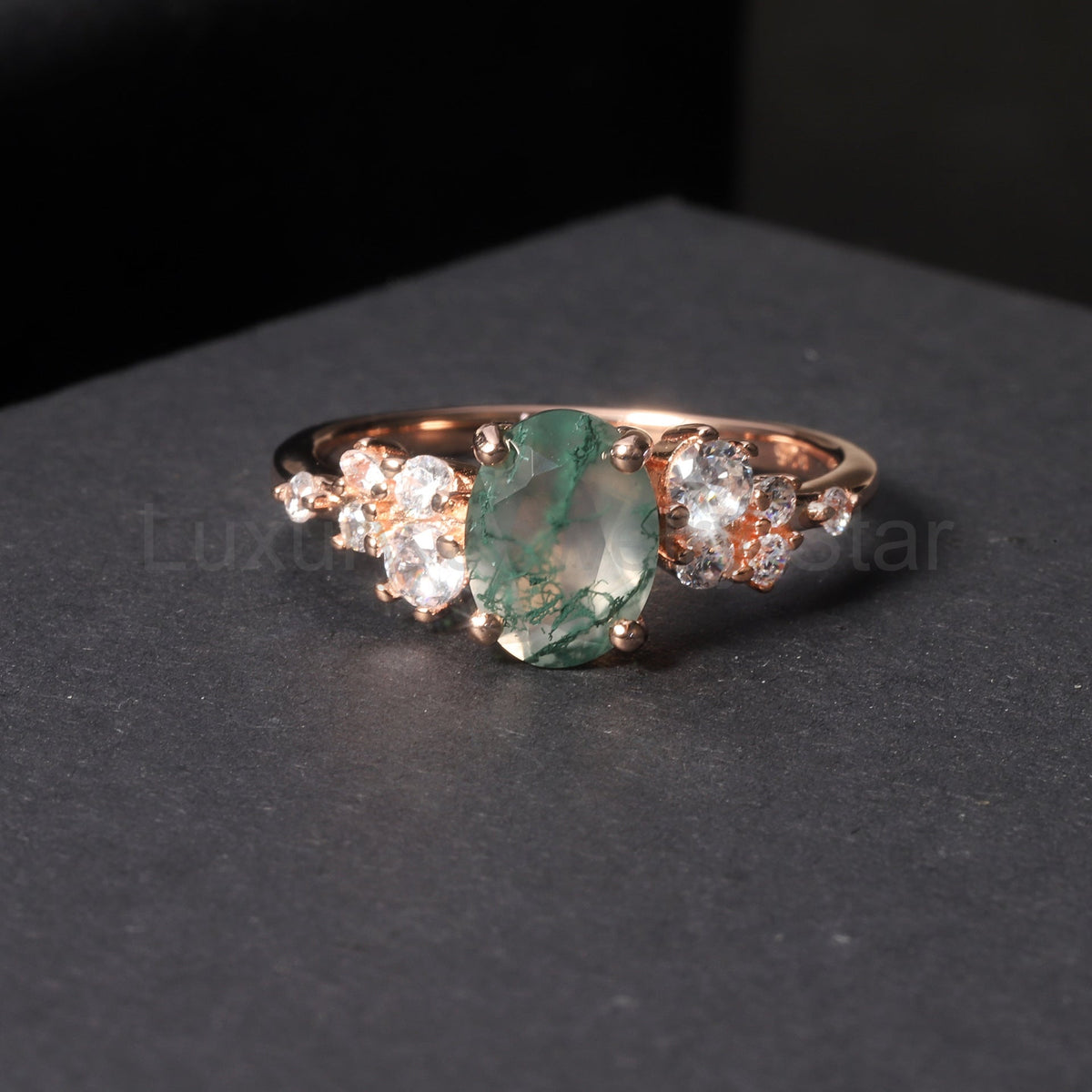 Oval Leafy Style Moss Agate Engagement Ring
