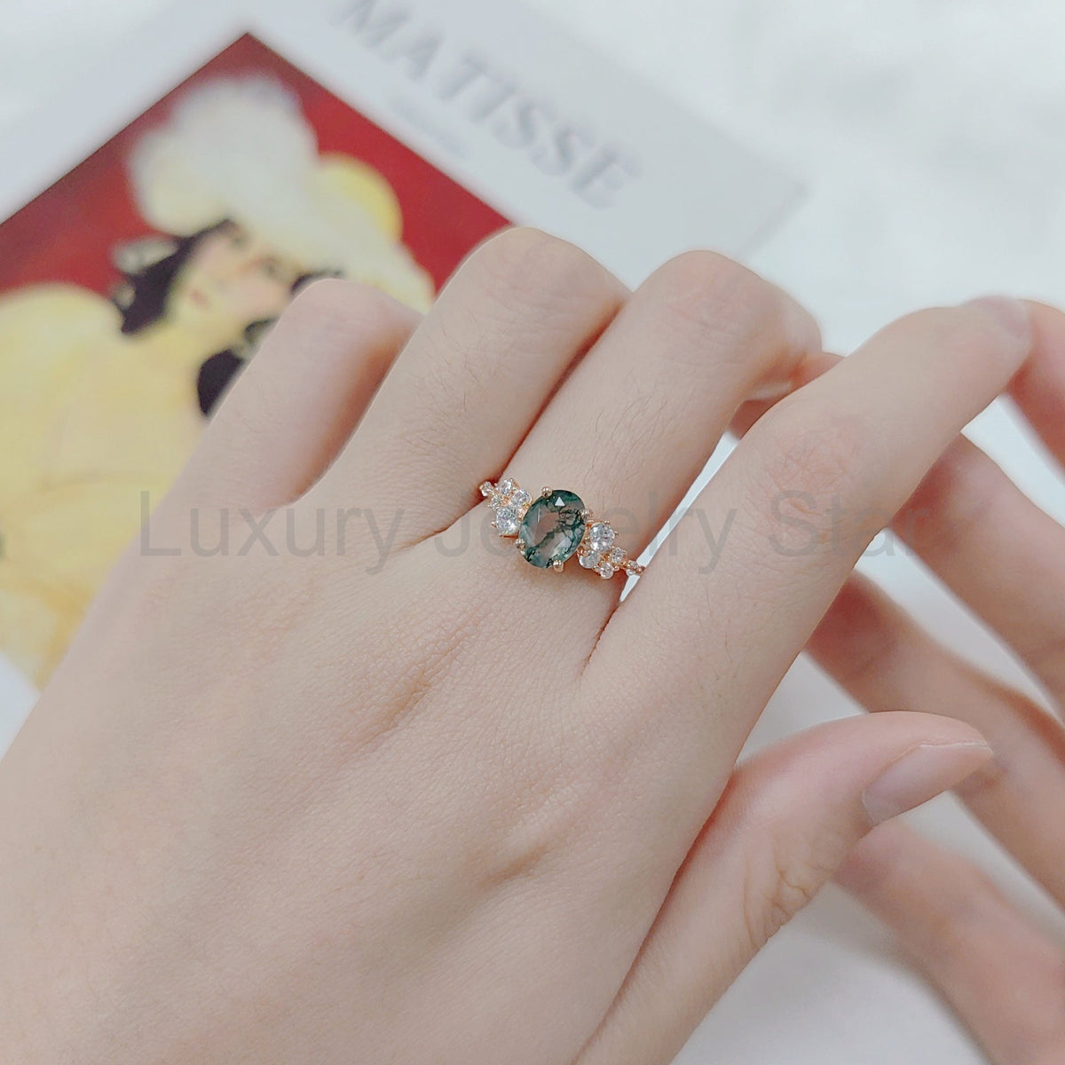 Oval Leafy Style Moss Agate Engagement Ring - image 2