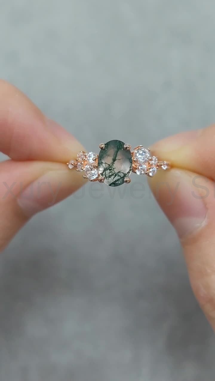 Oval Leafy Style Moss Agate Engagement Ring - image 6