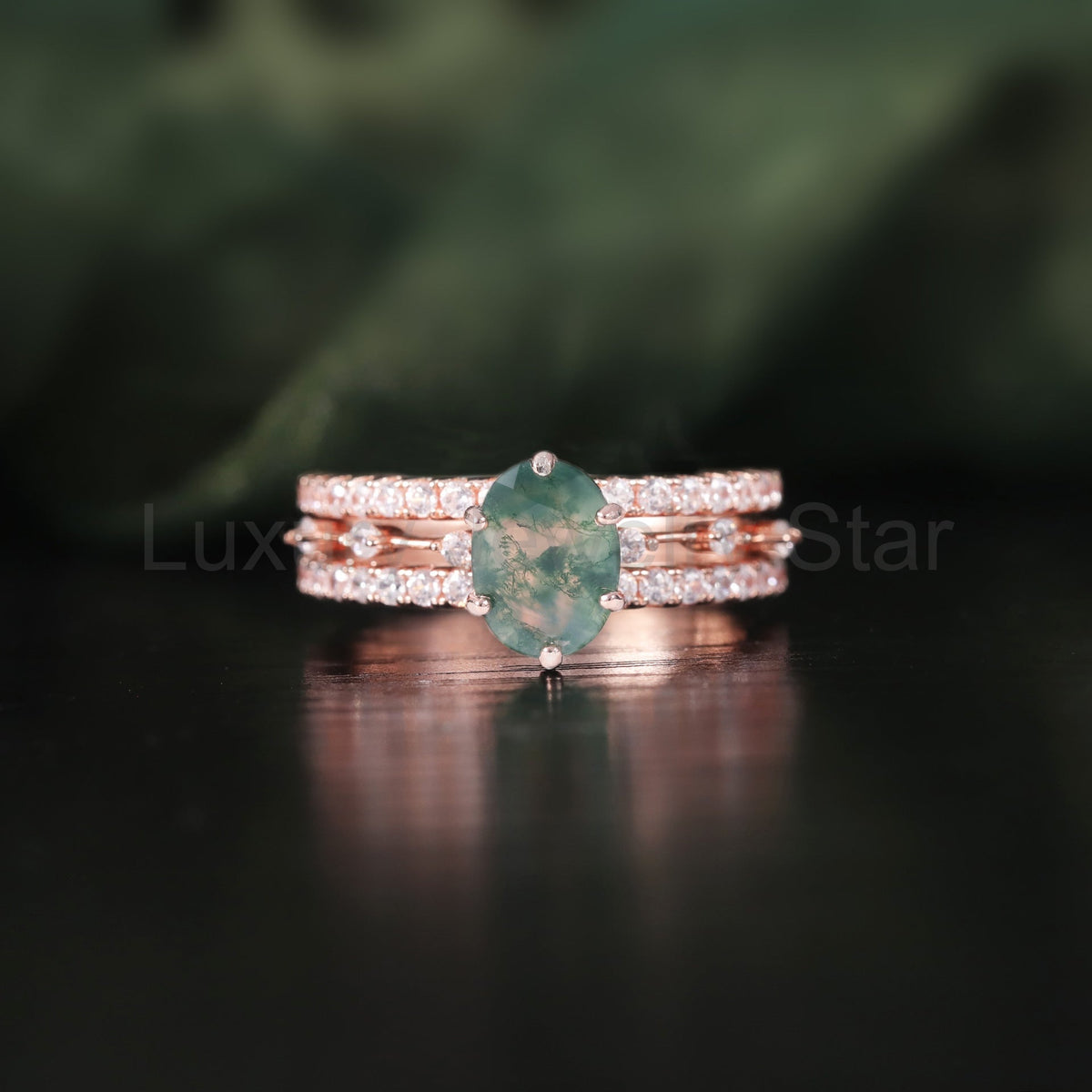 Oval Moss Agate Classic Engagement Ring Set 3pcs