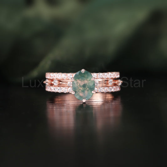 Oval Moss Agate Classic Engagement Ring Set 3pcs