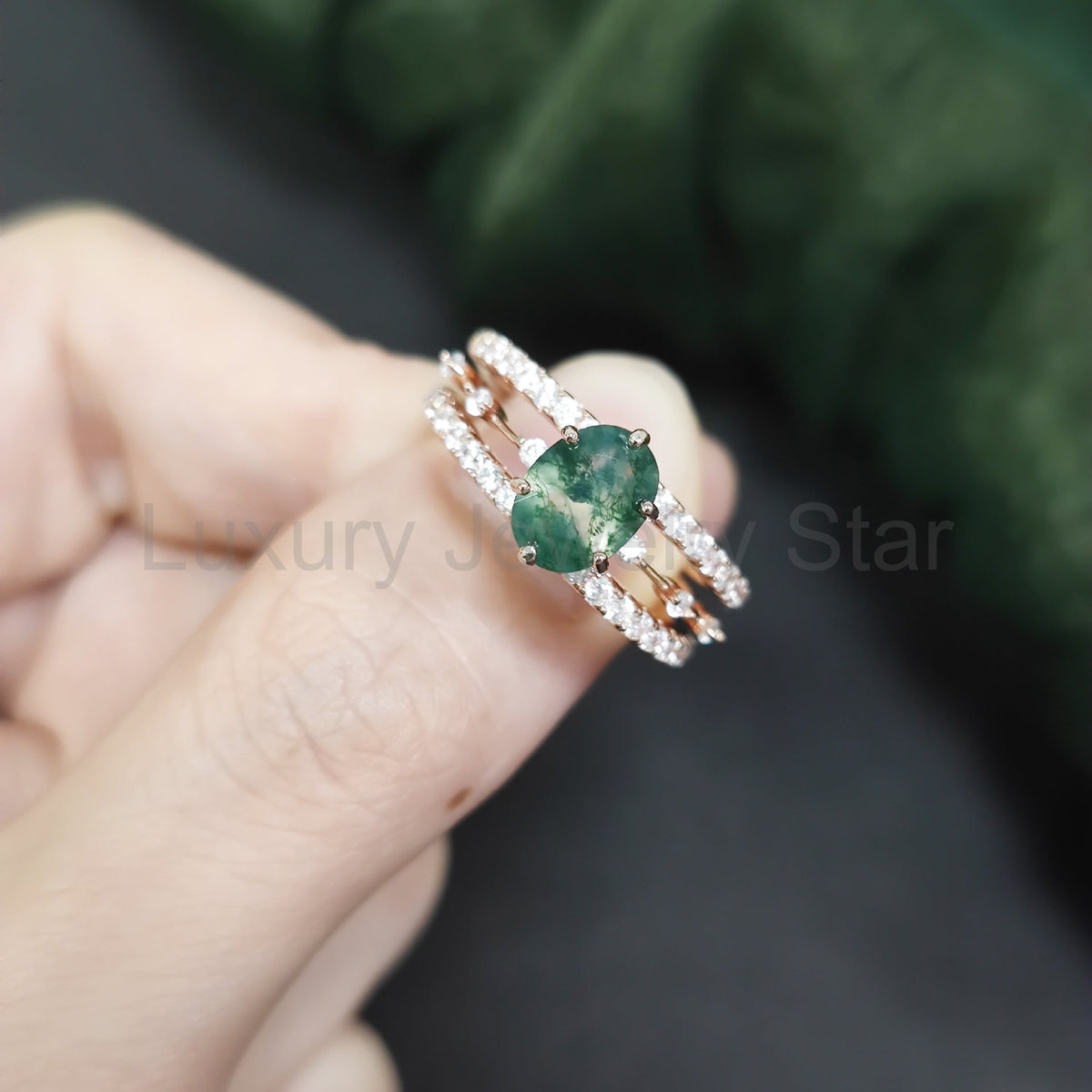 Oval Moss Agate Classic Engagement Ring Set 3pcs - image 3