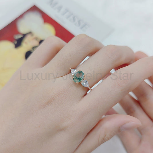 Oval Moss Agate Engagement Ring Three Stone Syle - image 2