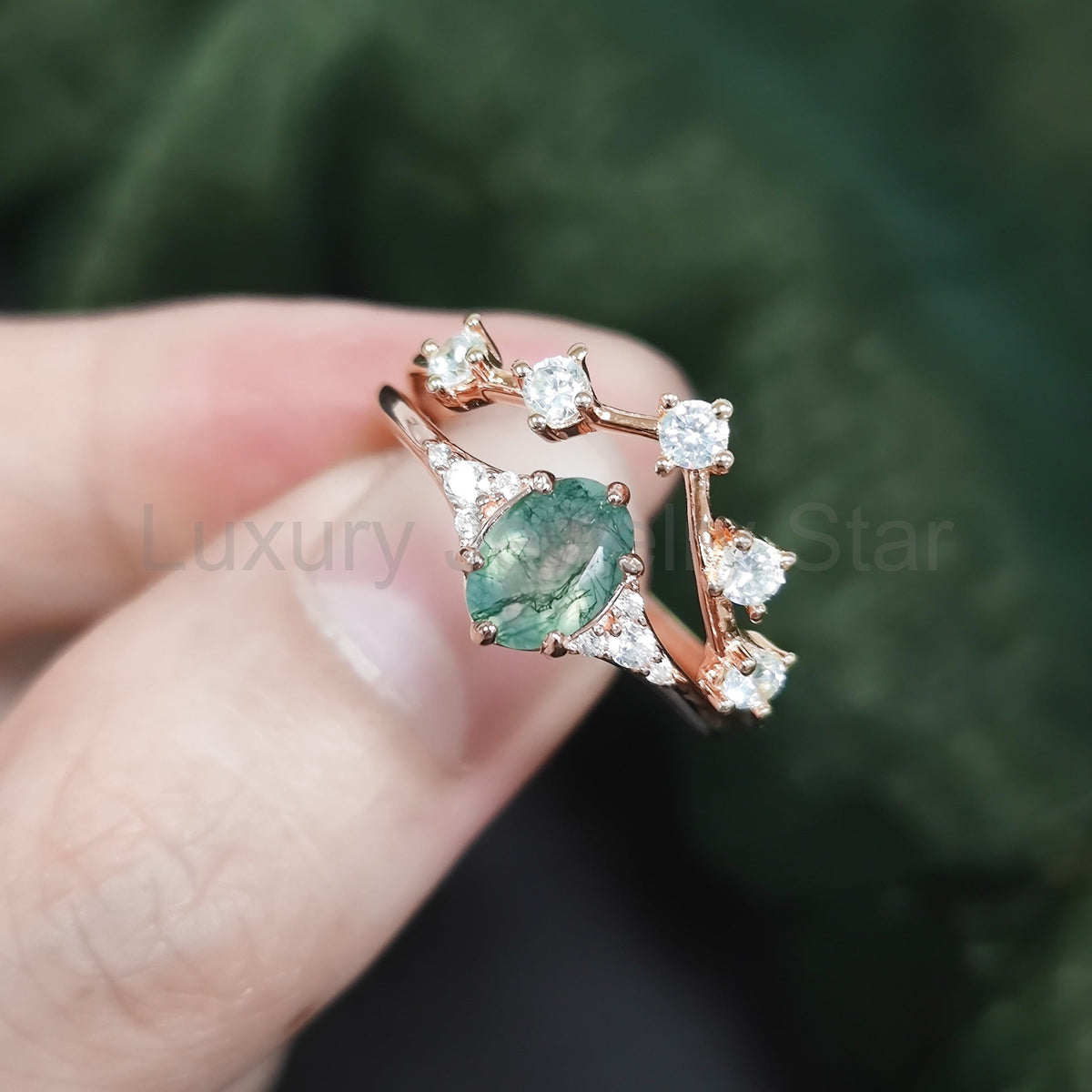 Oval Moss Agate Ring Set 2pcs - image 2