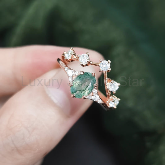 Oval Moss Agate Ring Set 2pcs - image 2