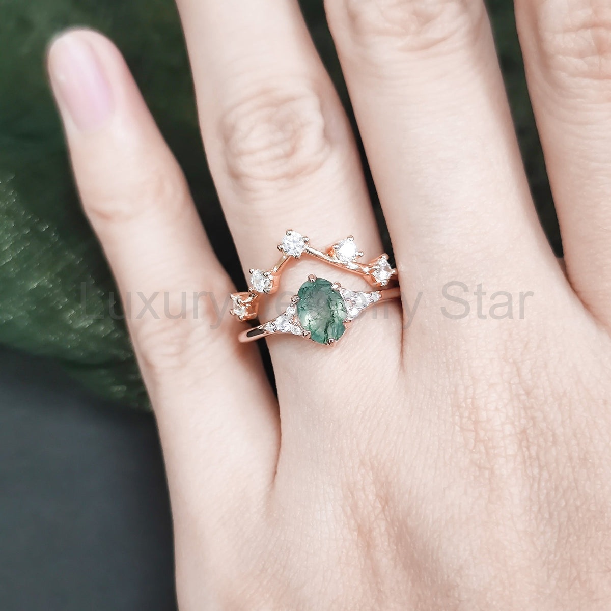 Oval Moss Agate Ring Set 2pcs - image 4