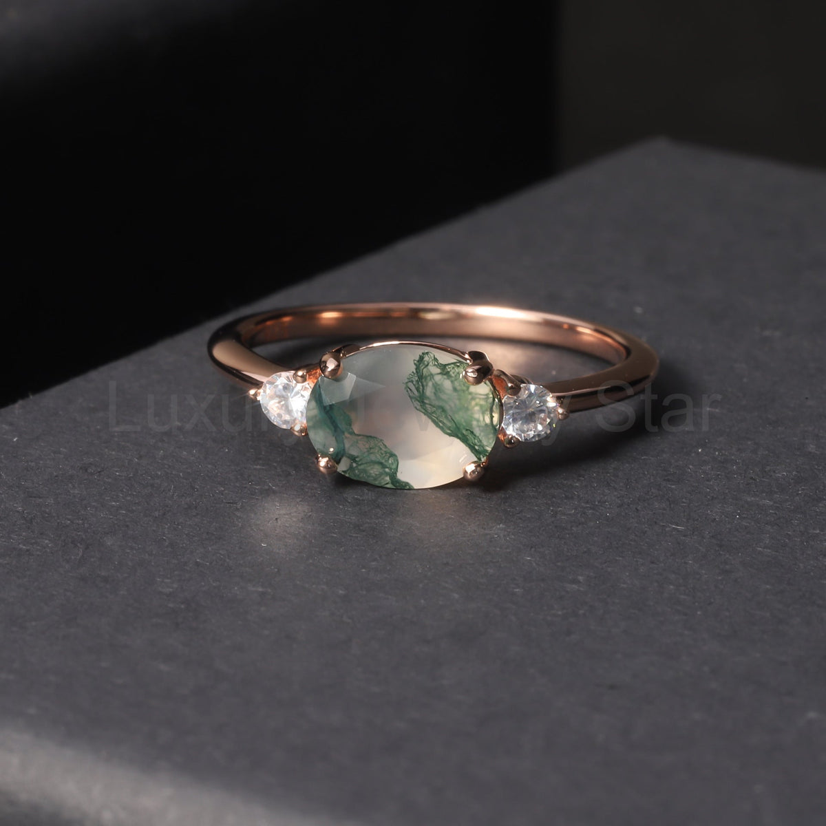 Oval Moss Agate Three Stones Engagement Ring