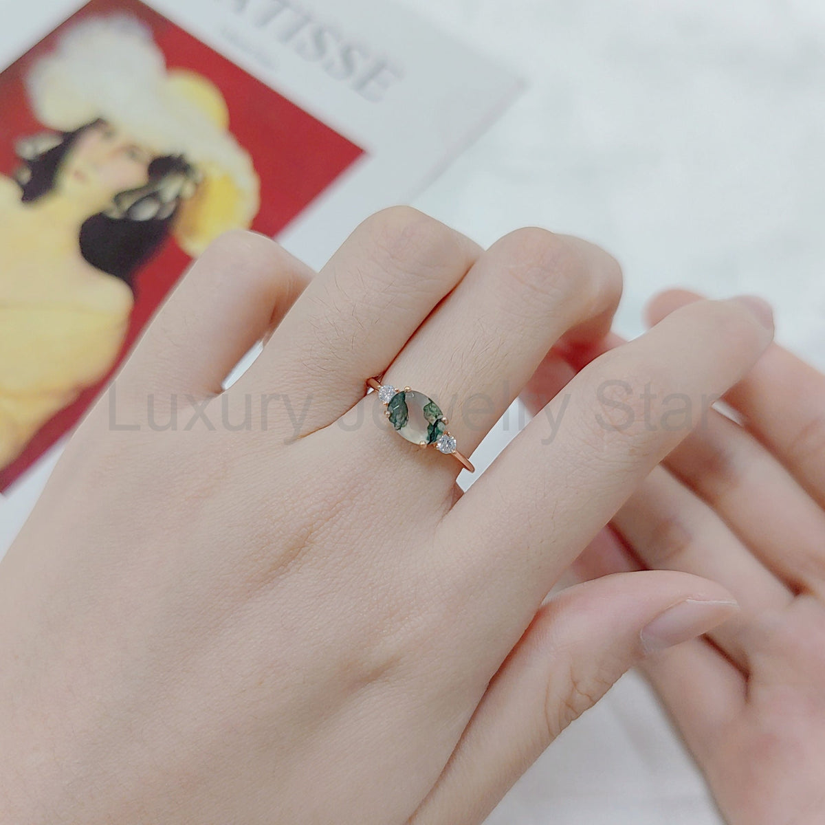 Oval Moss Agate Three Stones Engagement Ring - image 2